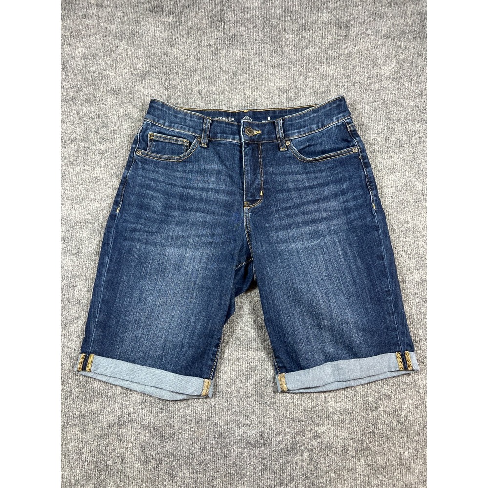 St Johns Bay Bermuda Shorts Womens 8 Blue Denim Cotton Stretch Cuffed‎ Mid Rise